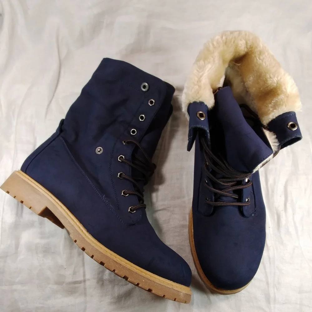 DREAM PAIRS Navy Blue BOOTS Womens Size 10 Faux Fur Lined Lace Up Fold Ankle